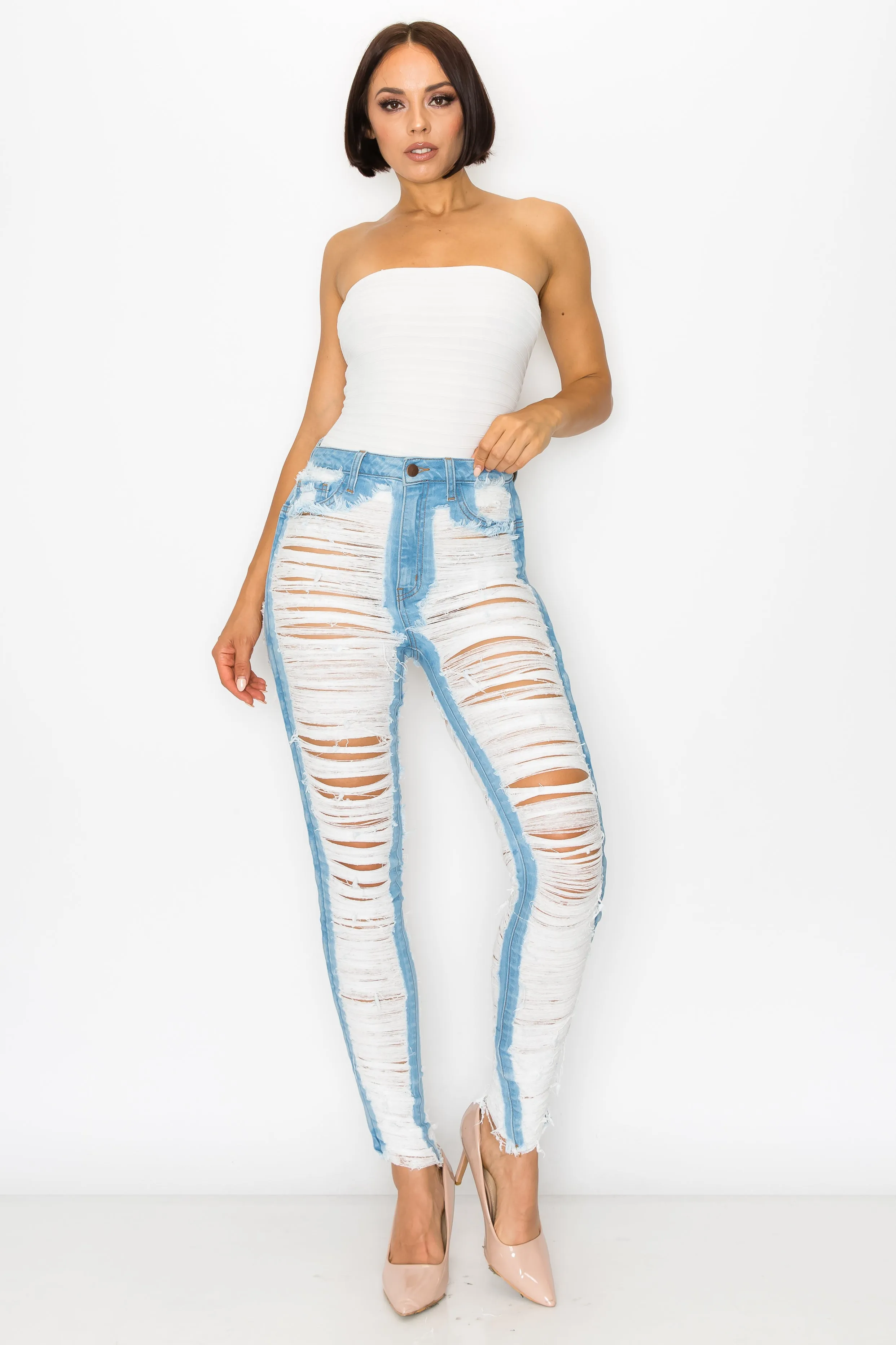 40430 Women's High Rise Shredded Skinny Jeans