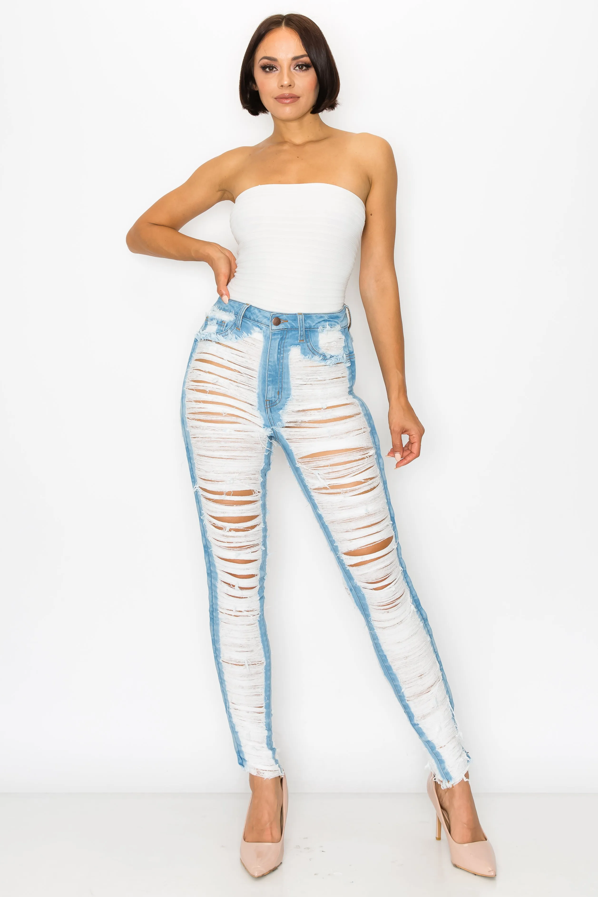 40430 Women's High Rise Shredded Skinny Jeans