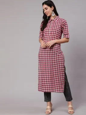 Aks Women Checked Shirt Collar Pure Cotton Kurta With Trousers