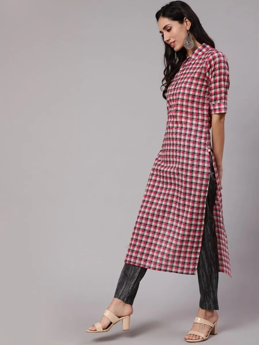 Aks Women Checked Shirt Collar Pure Cotton Kurta With Trousers