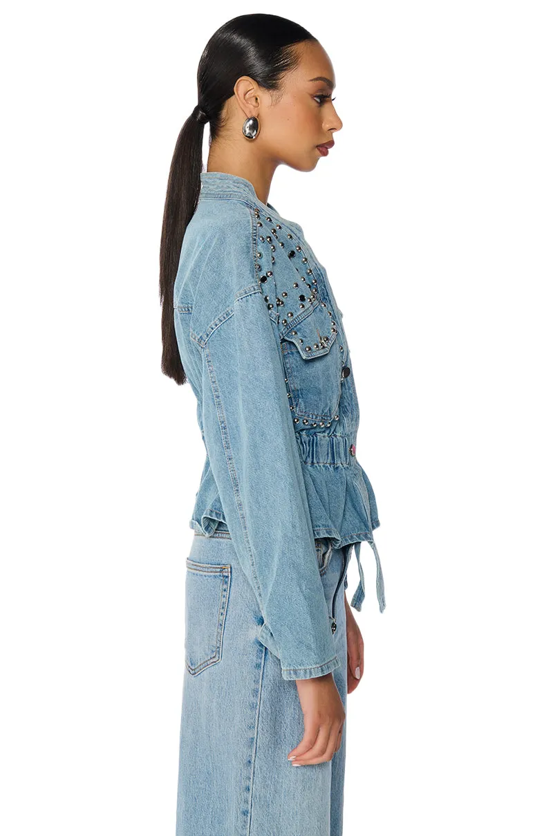 ALL THE RAGE STUDDED DENIM CINCHED JACKET