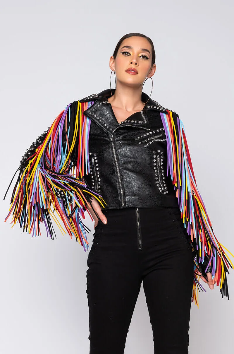 AZALEA WANG FREE RIDER FRINGE MOTO JACKET BLACK MULTI