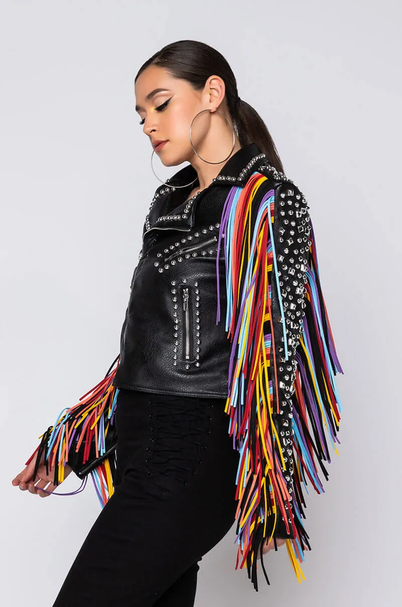 AZALEA WANG FREE RIDER FRINGE MOTO JACKET BLACK MULTI