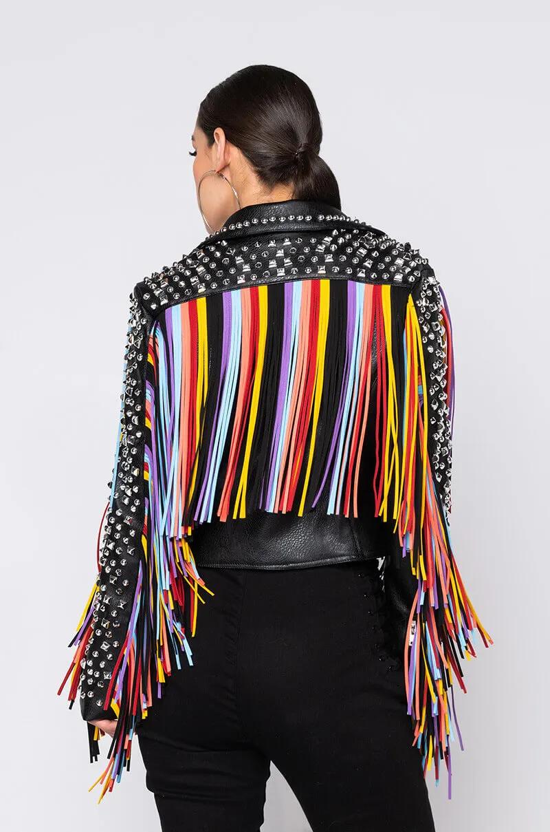 AZALEA WANG FREE RIDER FRINGE MOTO JACKET BLACK MULTI