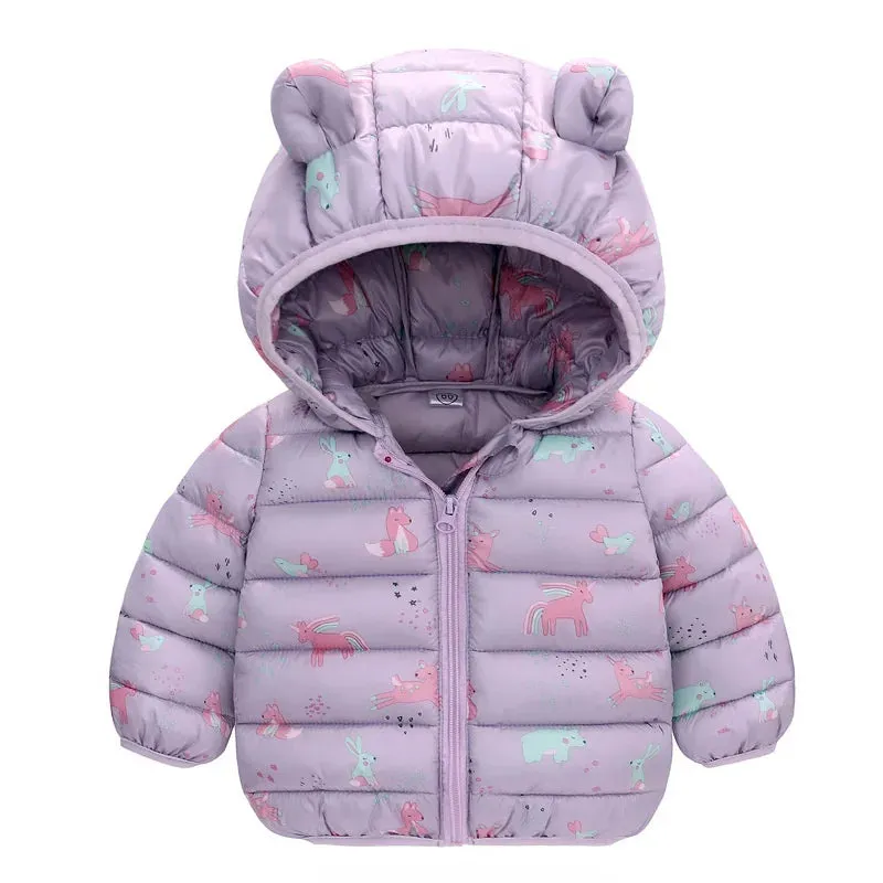 Baby Boys Girls Down Coats Long Sleeve Cartoon Dinosaur Print Jackets 1-5Yrs Kids Hooded Zipper Outerwear Spring Fall