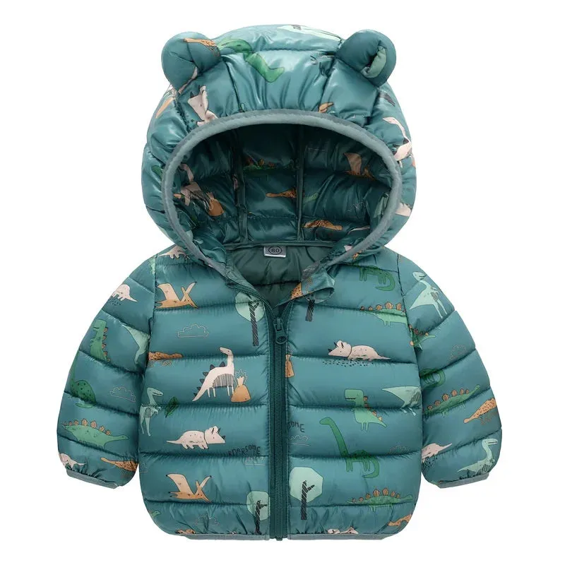 Baby Boys Girls Down Coats Long Sleeve Cartoon Dinosaur Print Jackets 1-5Yrs Kids Hooded Zipper Outerwear Spring Fall