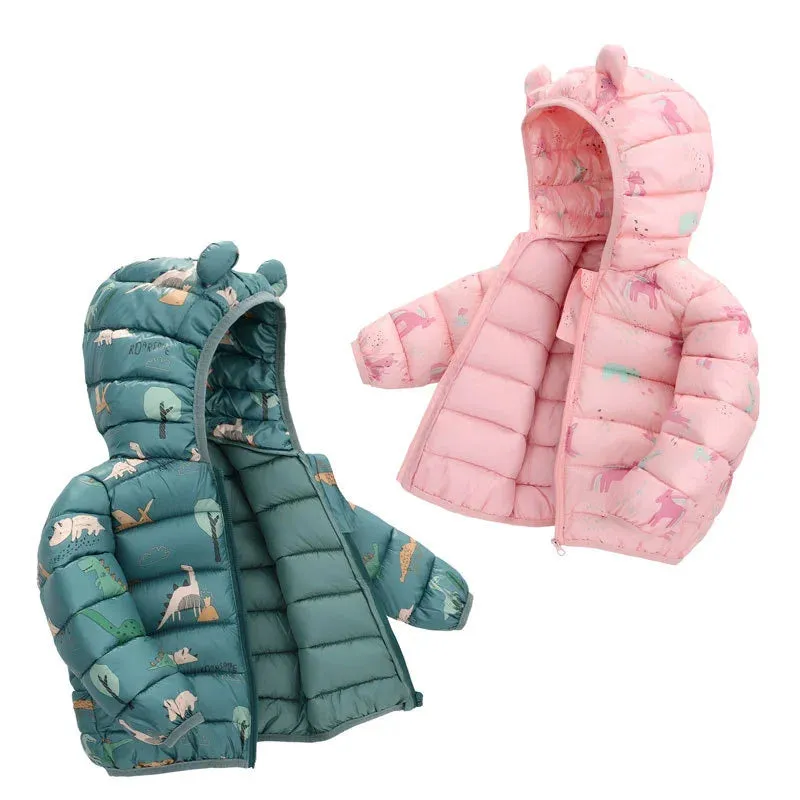 Baby Boys Girls Down Coats Long Sleeve Cartoon Dinosaur Print Jackets 1-5Yrs Kids Hooded Zipper Outerwear Spring Fall