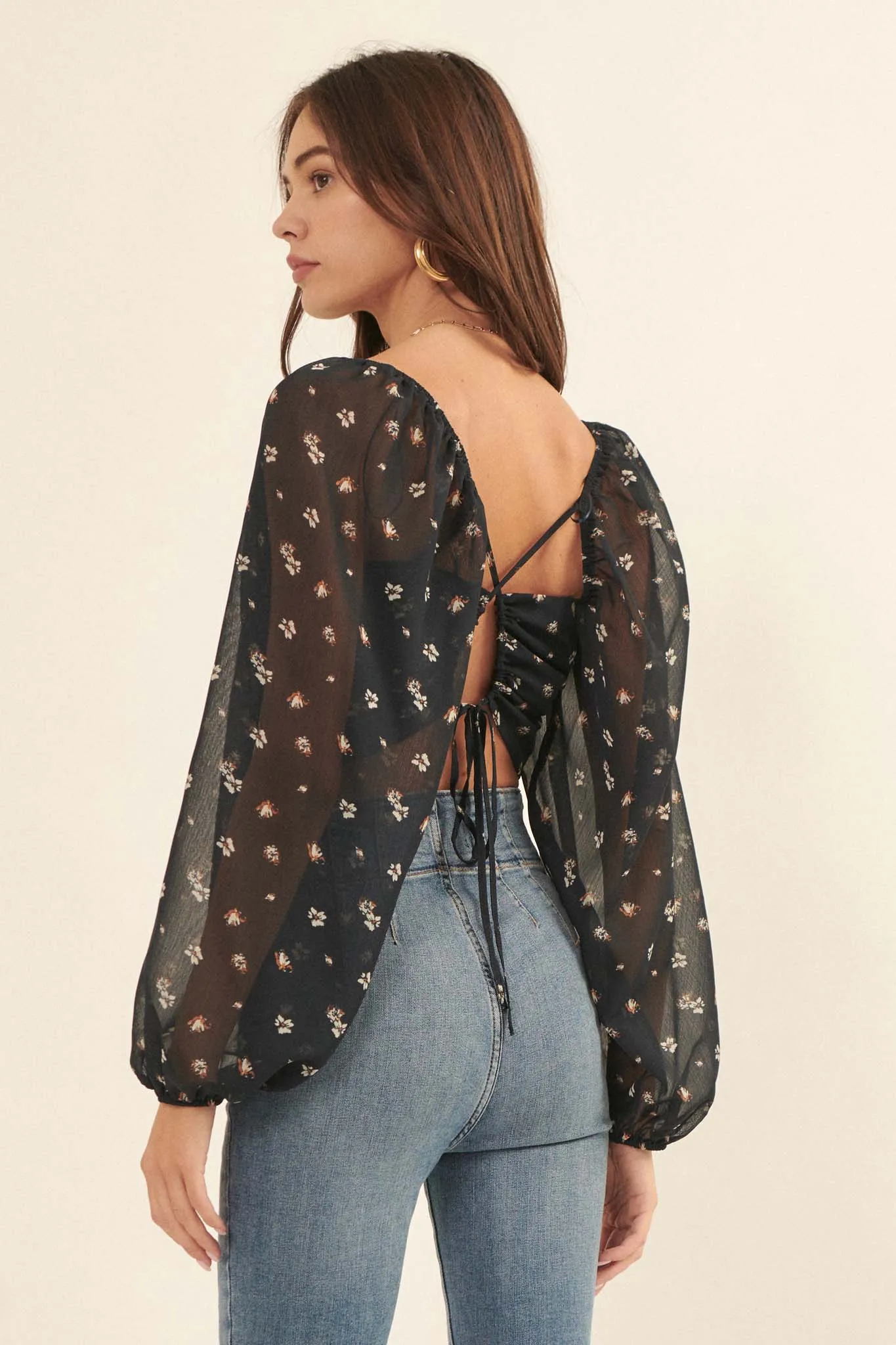 Belle Fleur Floral Open-Back Cropped Peasant Top