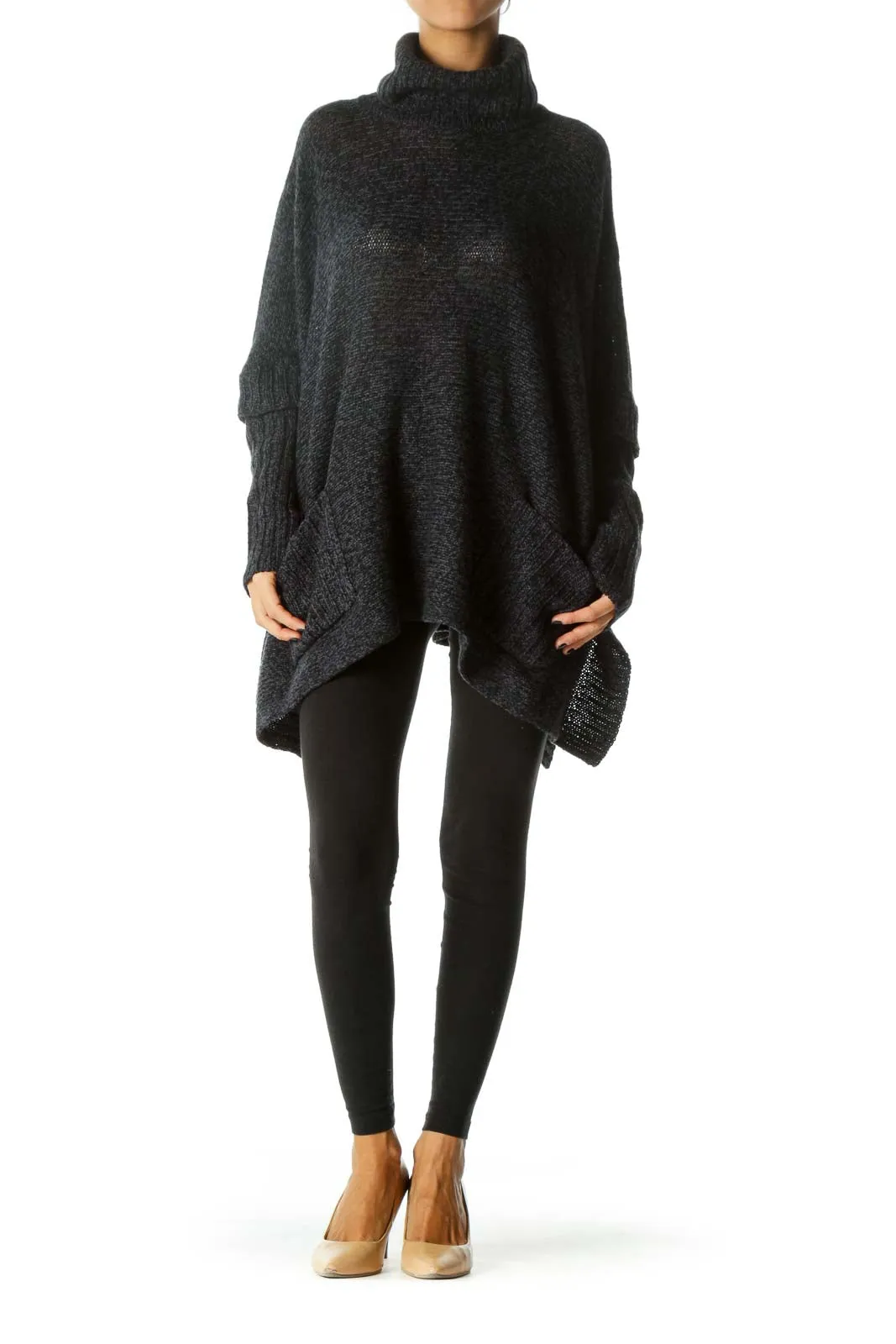 Black Blue Turtle Neck Long Sleeve Pocketed Poncho Style Knit Top