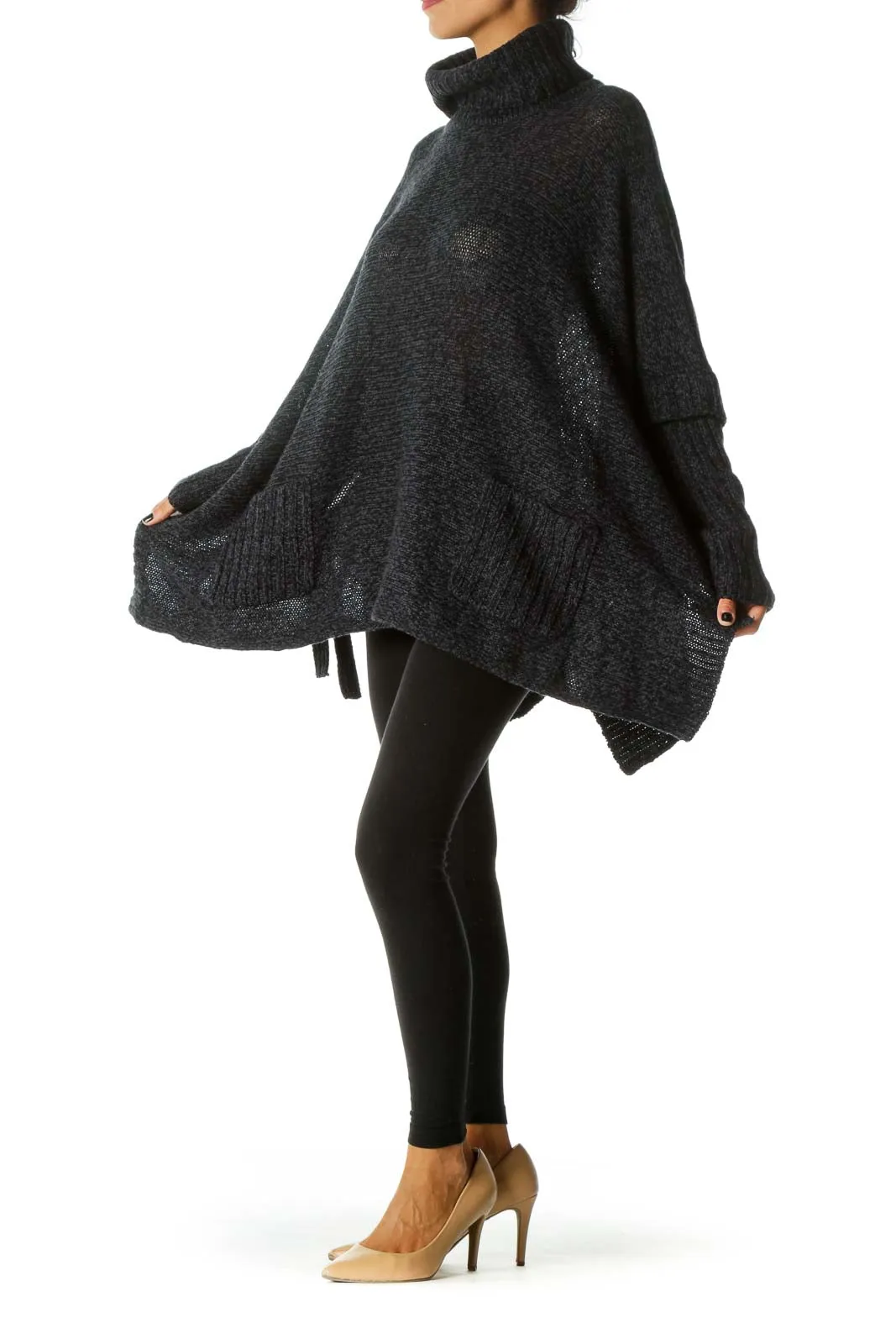 Black Blue Turtle Neck Long Sleeve Pocketed Poncho Style Knit Top