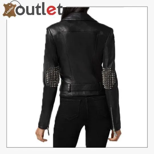 Black Lambskin Leather Silver Studded Biker Jacket