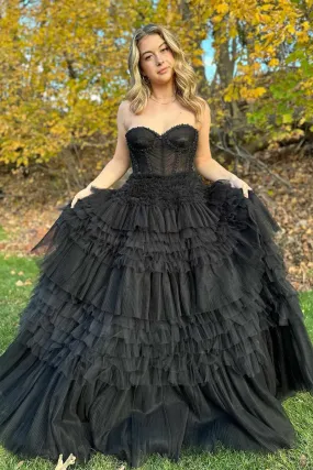 Black Long Sweetheart Tiered Tulle Prom Dresses