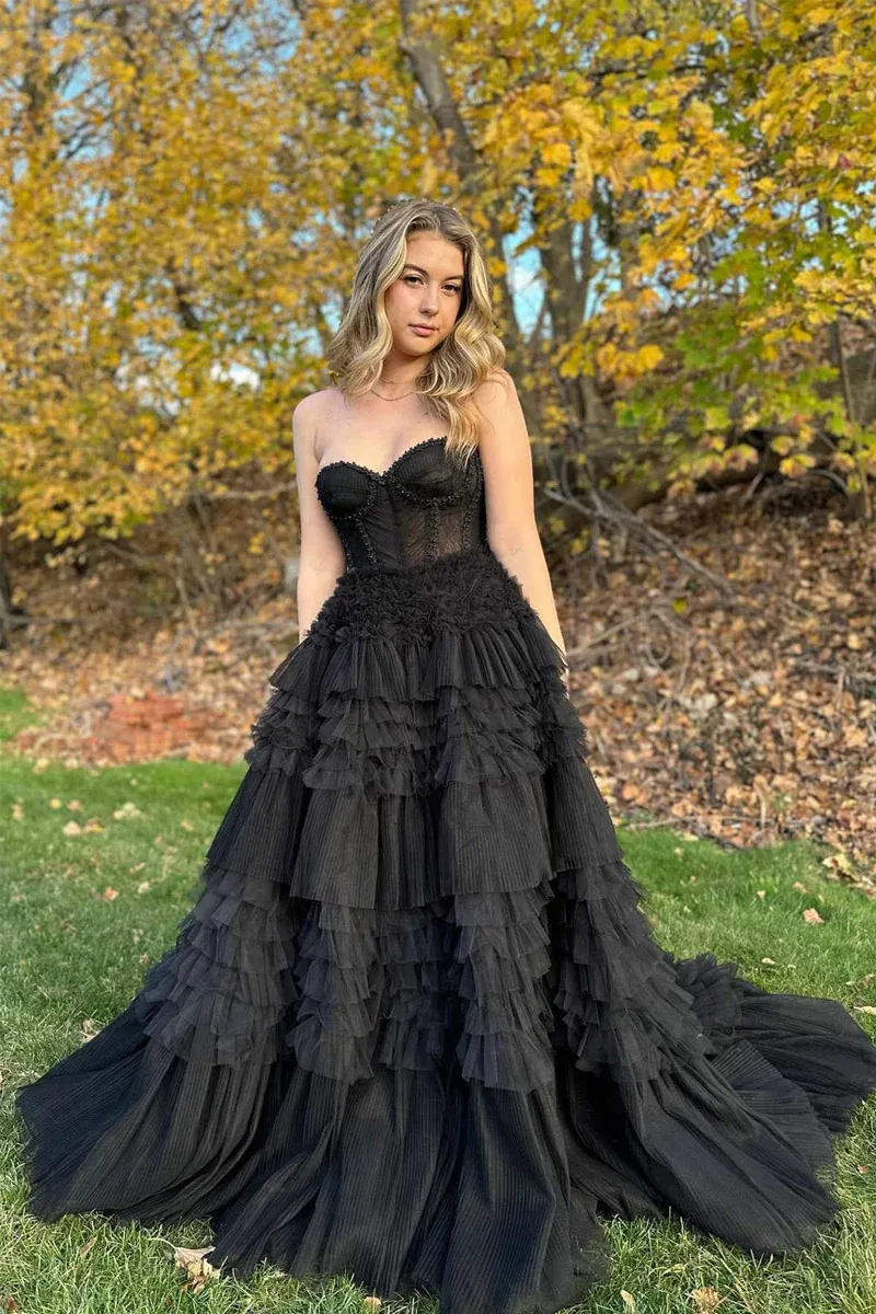 Black Long Sweetheart Tiered Tulle Prom Dresses