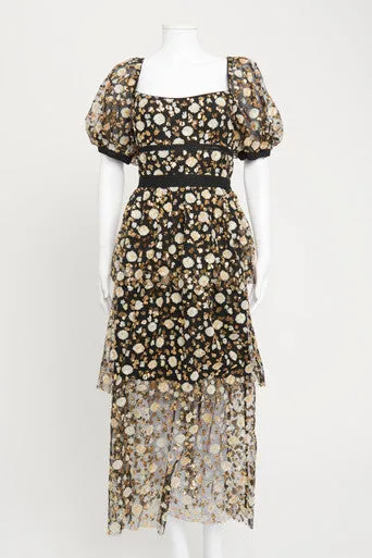 Black Mesh Gown with Floral Gold Sequin Embellishment