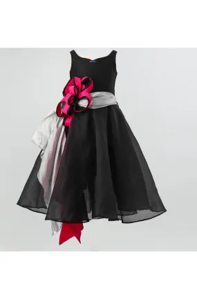 Black organza drape flower flared gown