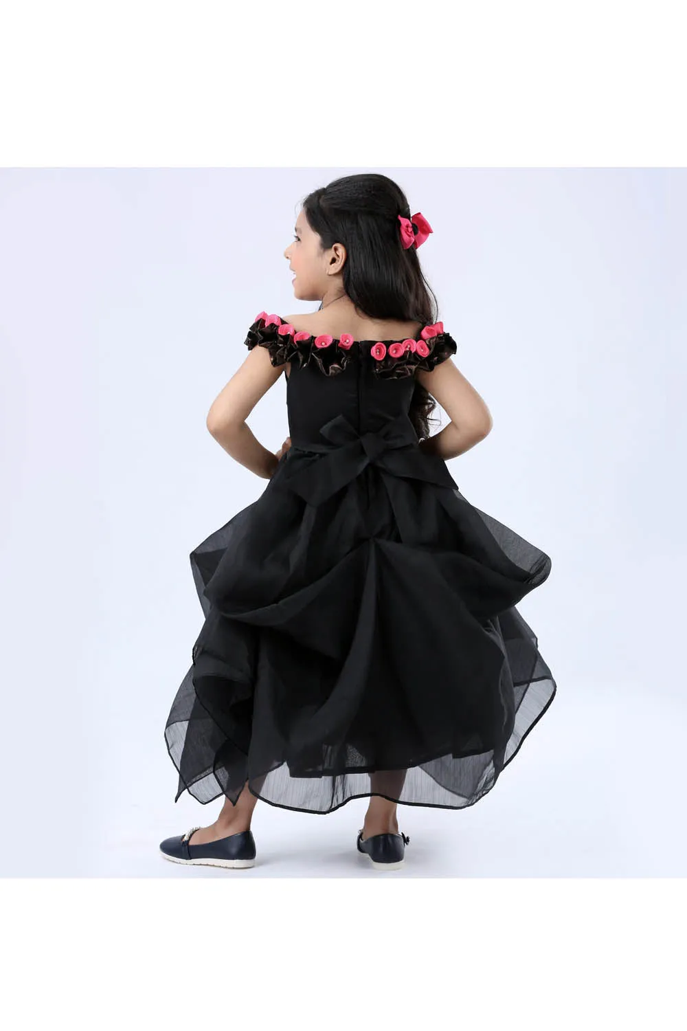 Black rose appliques on neck line off shoulder gown