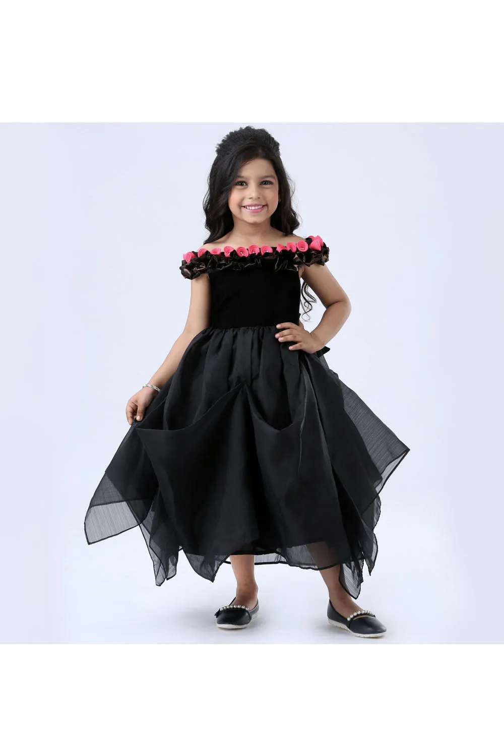 Black rose appliques on neck line off shoulder gown