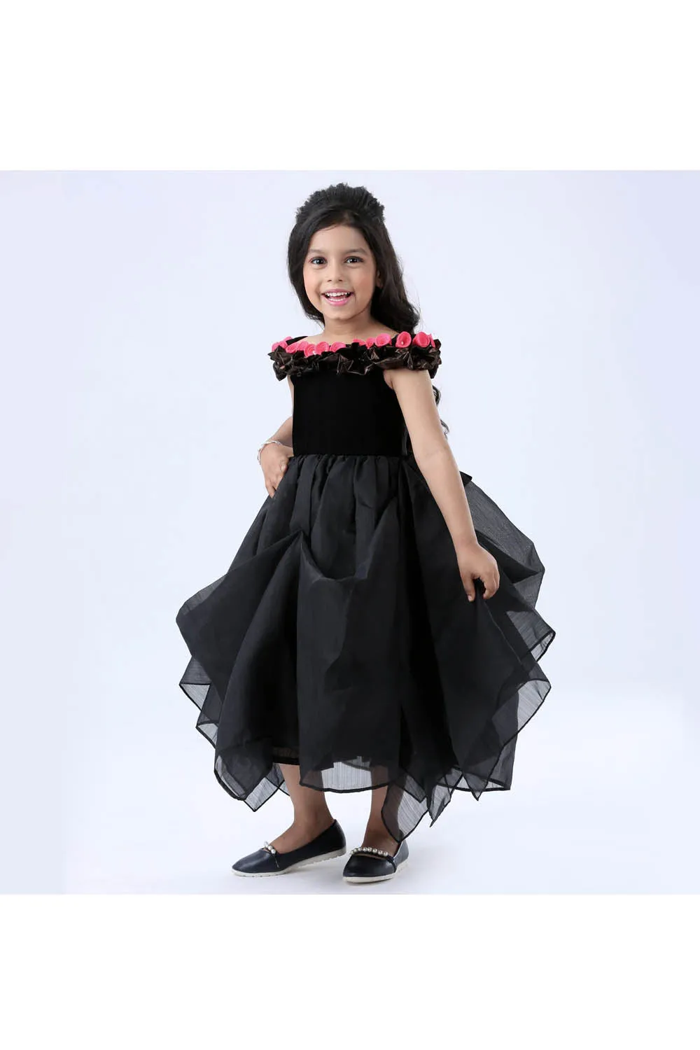 Black rose appliques on neck line off shoulder gown