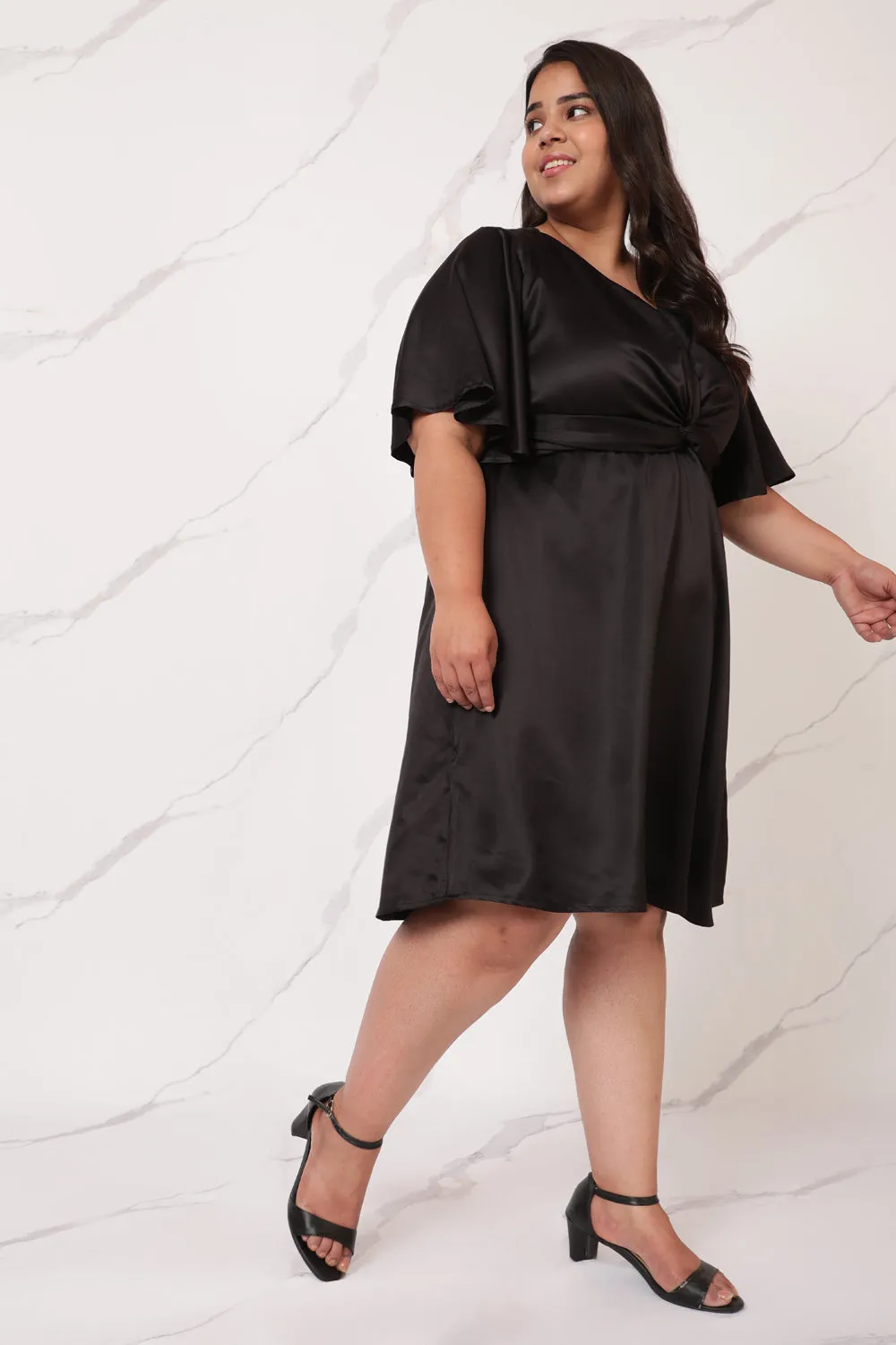 Black Satin Midi Knot Dress