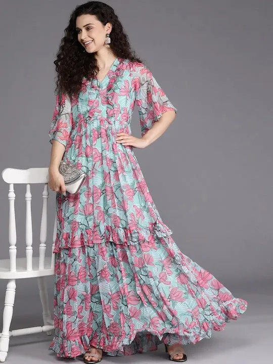 Blue & Pink Floral Chiffon Maxi Dress