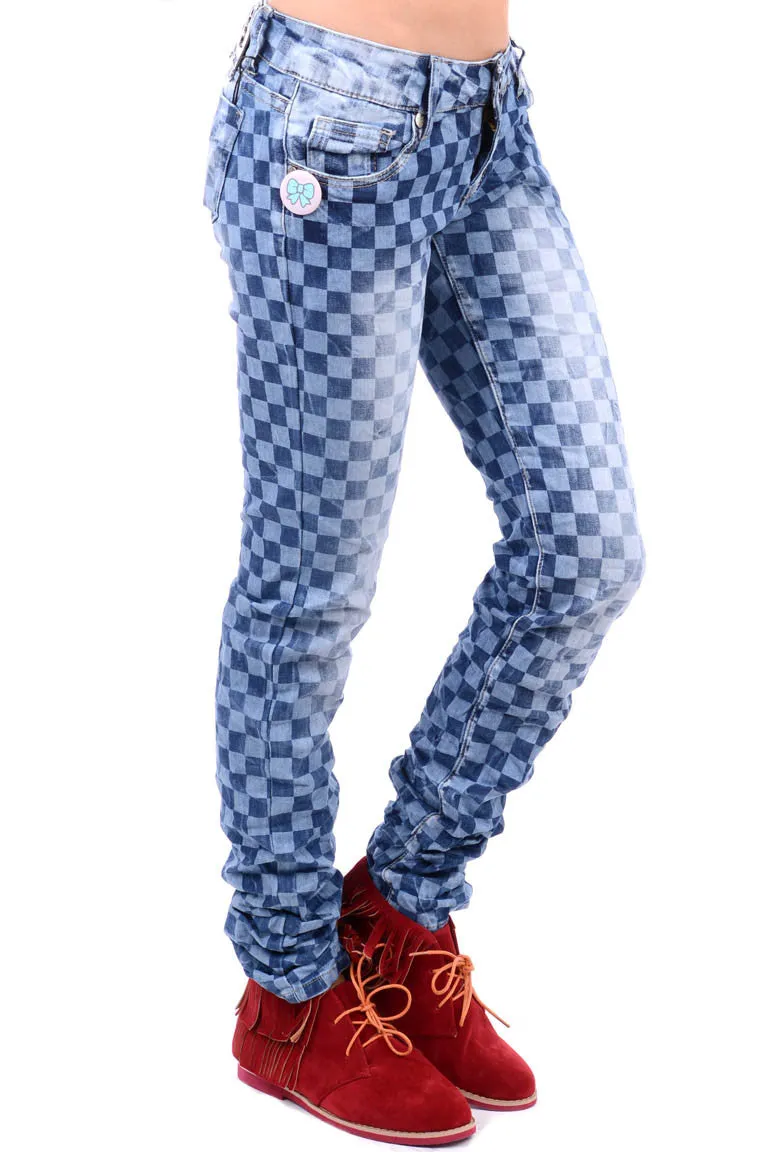 Blue Checked Crinkled Jeans