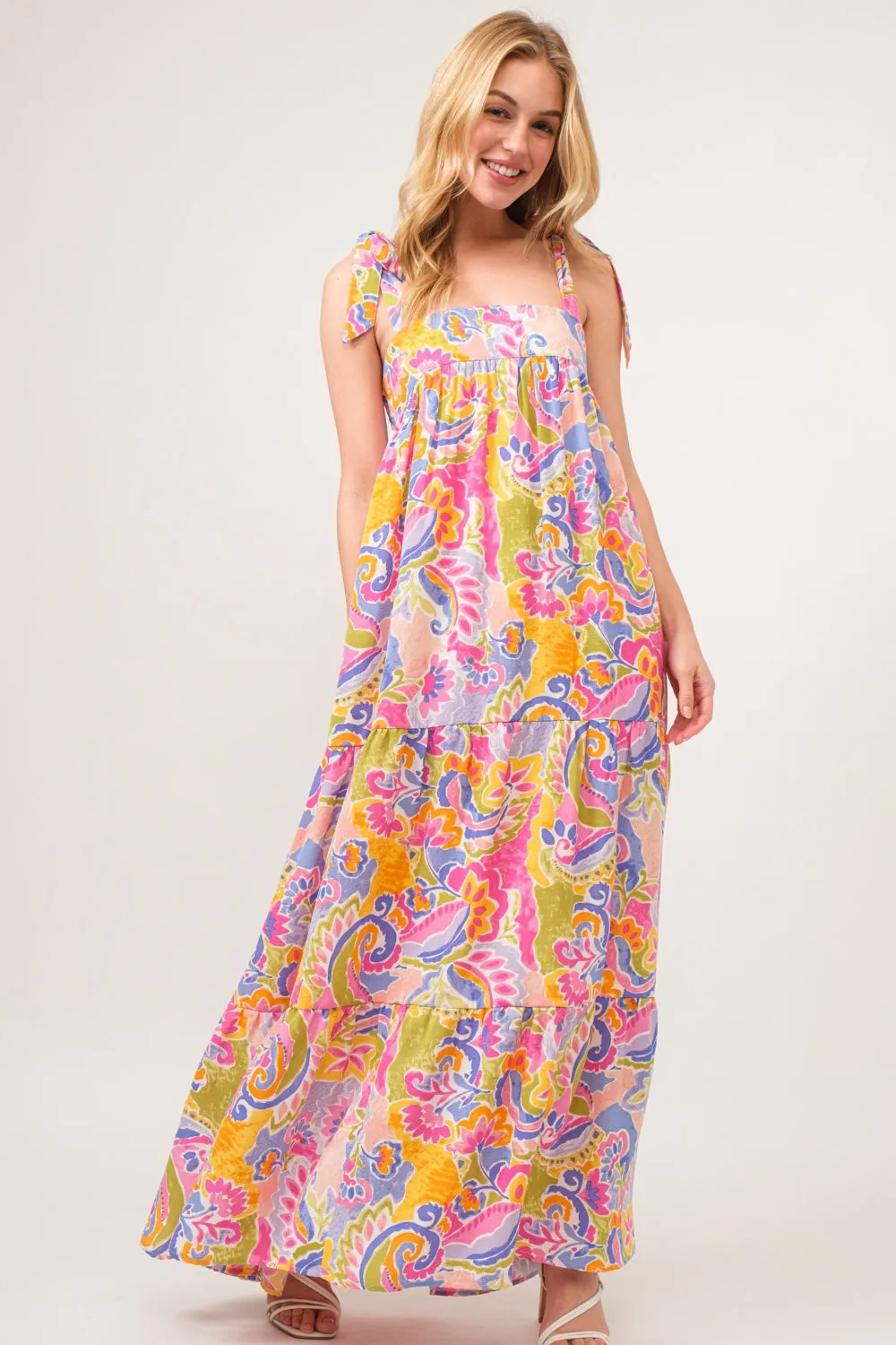 Blue Zone Planet |  And The Why Full Size Printed Tie Shoulder Tiered Maxi Dress