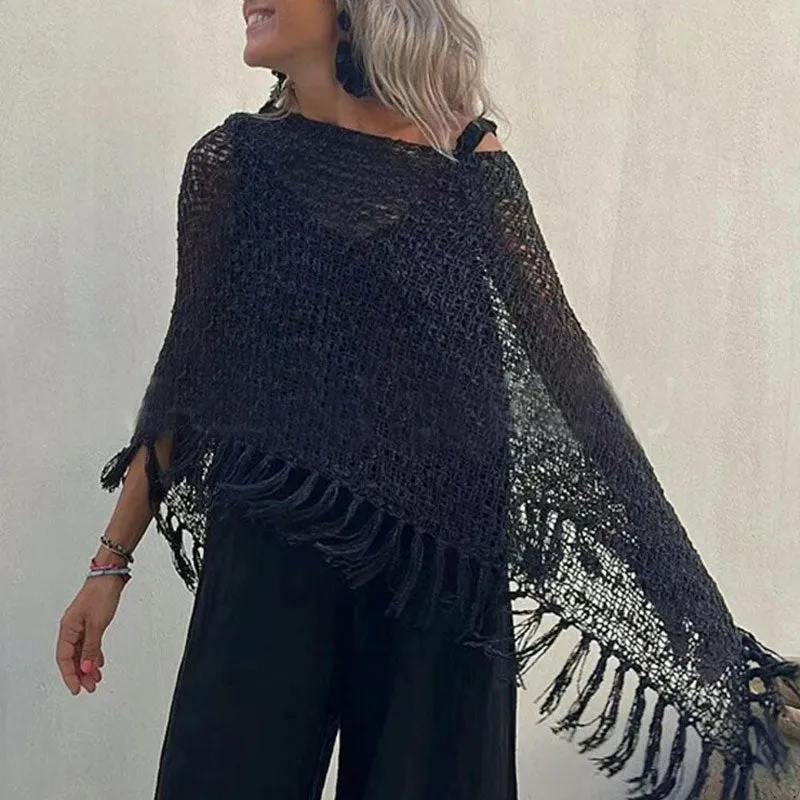 Bohemian Solid Fringe Trim Boat Neck Sheer Open Crochet Knit Poncho Sweater