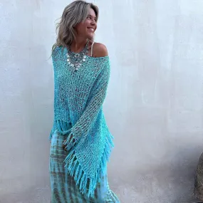 Bohemian Solid Fringe Trim Boat Neck Sheer Open Crochet Knit Poncho Sweater