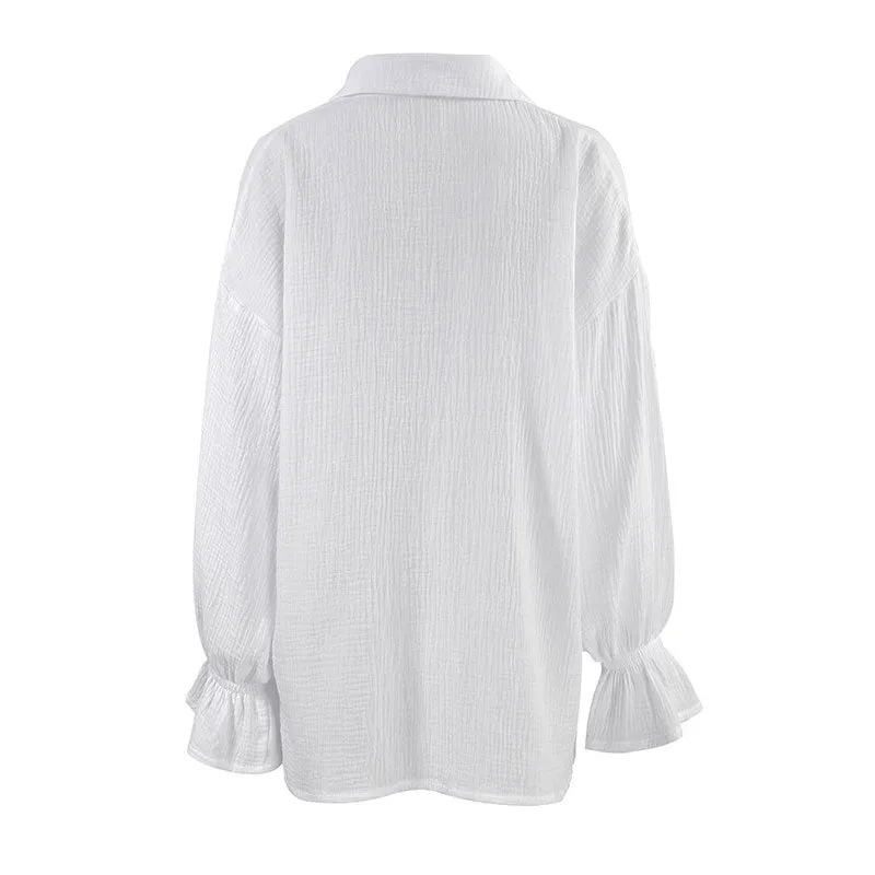 Breathtaking Textured Ruffle Drop Shoulder Button Up Collared Blouse - White