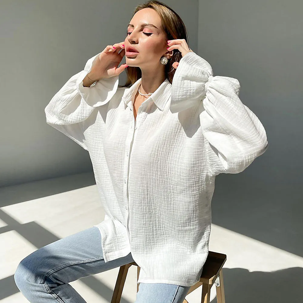 Breathtaking Textured Ruffle Drop Shoulder Button Up Collared Blouse - White