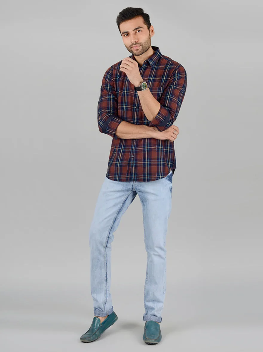 Brown Checked Slim Fit Casual Shirt | Greenfibre