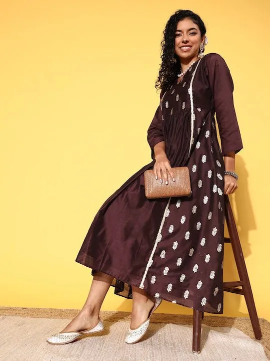 Brown Ethnic Motifs Zari Midi Dress