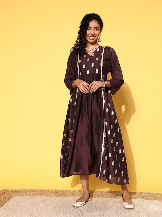 Brown Ethnic Motifs Zari Midi Dress