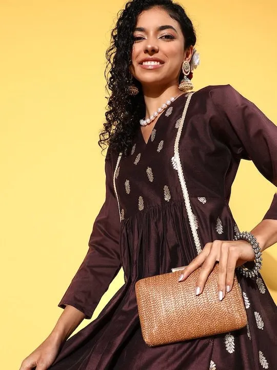 Brown Ethnic Motifs Zari Midi Dress