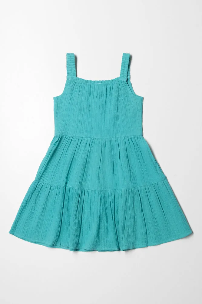 Button Down Tiered Dress Teal