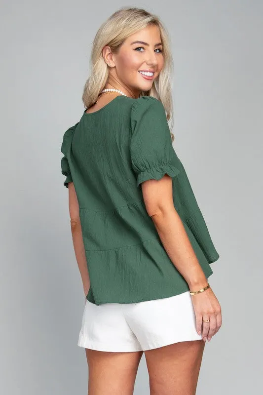 Button Front Puff Sleeve Blouse  *Online Only*