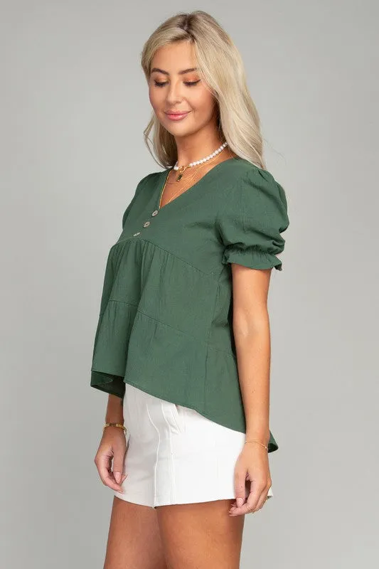 Button Front Puff Sleeve Blouse  *Online Only*