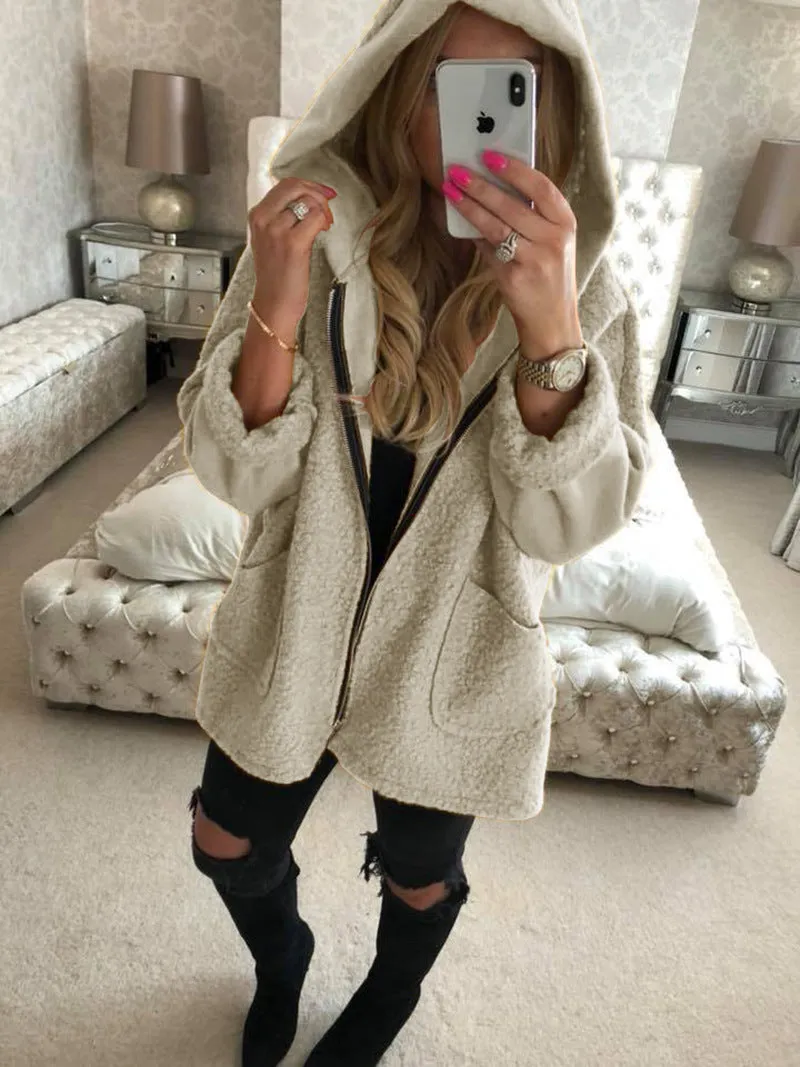 Candy Color Zipper Pockets Women Loose Hooded Oversized Coat