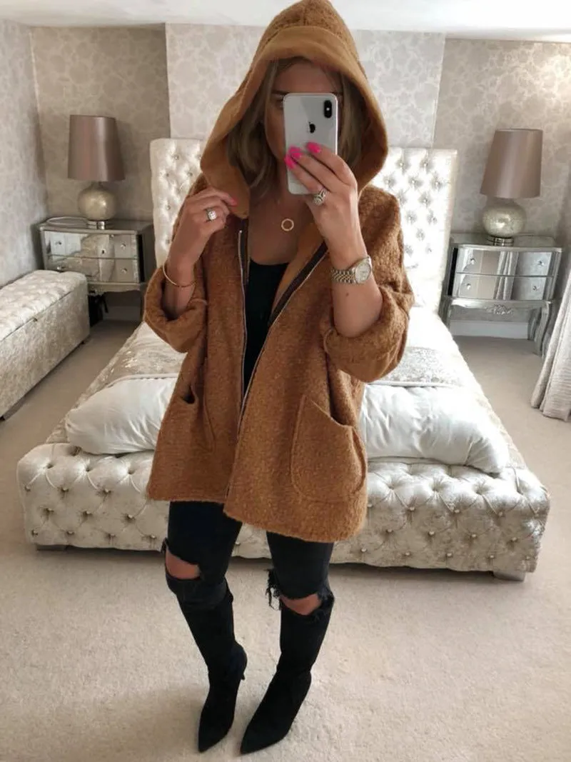 Candy Color Zipper Pockets Women Loose Hooded Oversized Coat