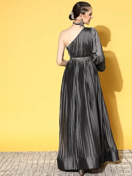 Charcoal Grey Pleated One Shoulder Gown with Belt