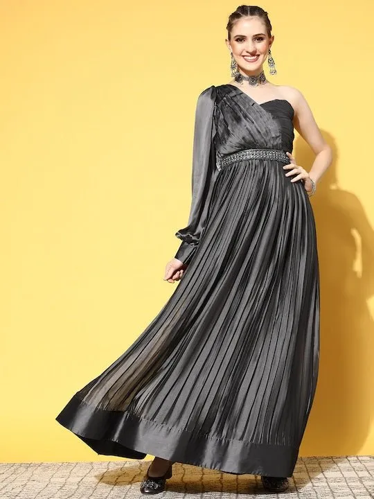 Charcoal Grey Pleated One Shoulder Gown with Belt