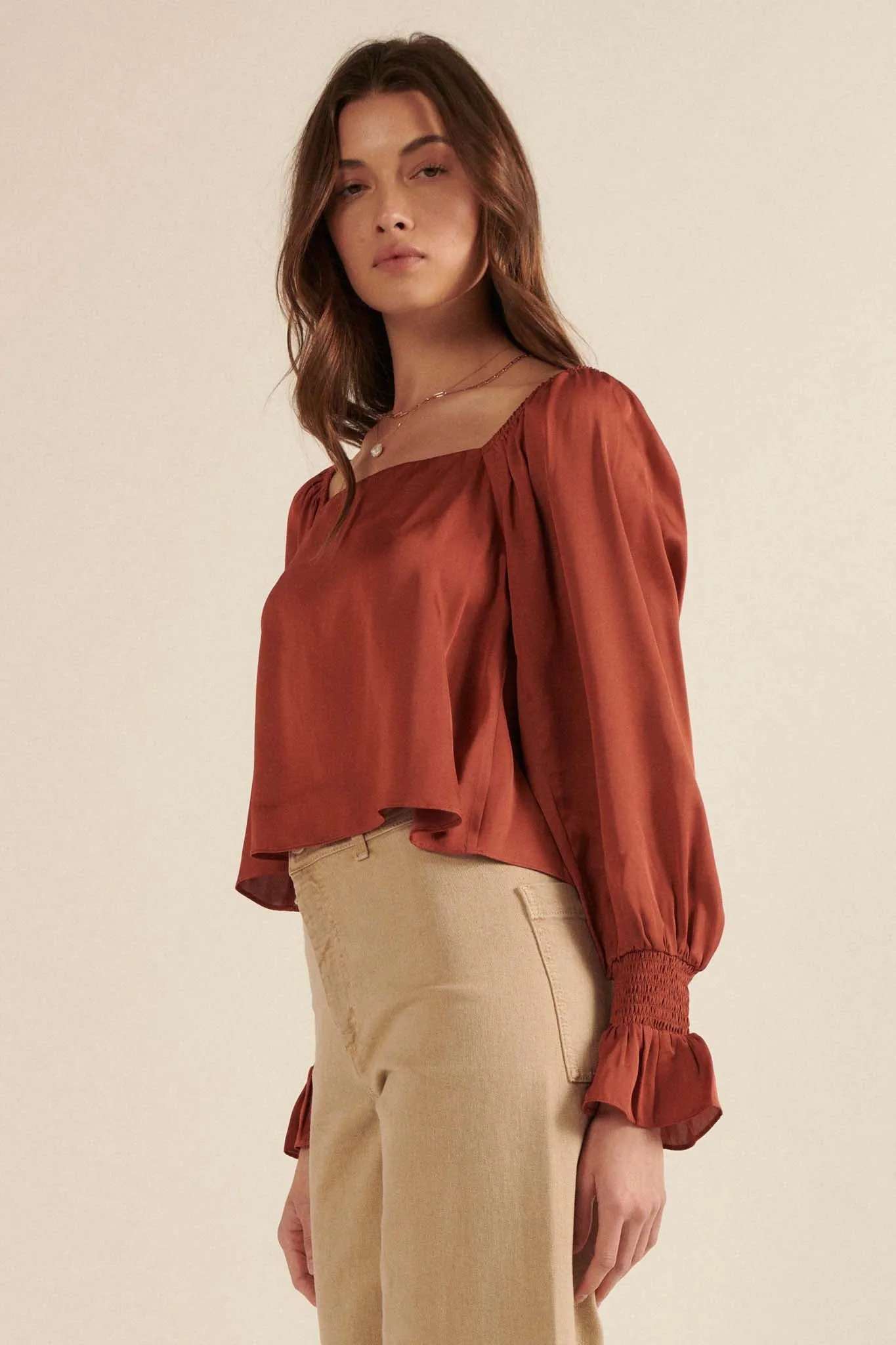 Classic Beauty Matte Satin Peasant Top