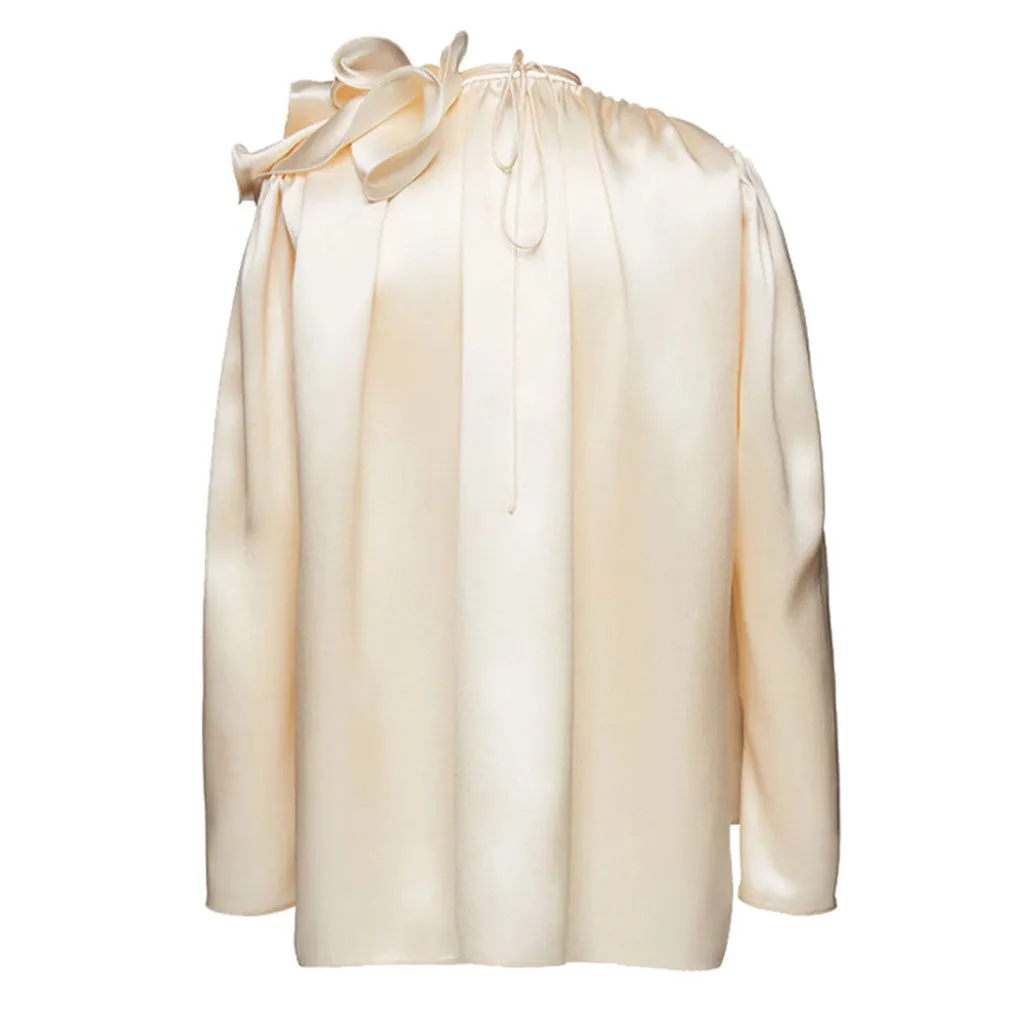 Classy Ruffled Corsage Puff Sleeve V Neck High Low Hem Satin Blouse - Champagne