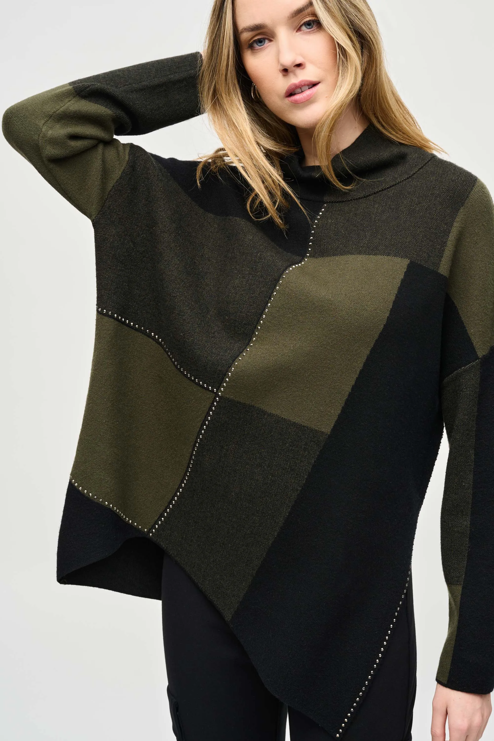 Color-Block Jacquard Knit Pullover, Iguana/Black