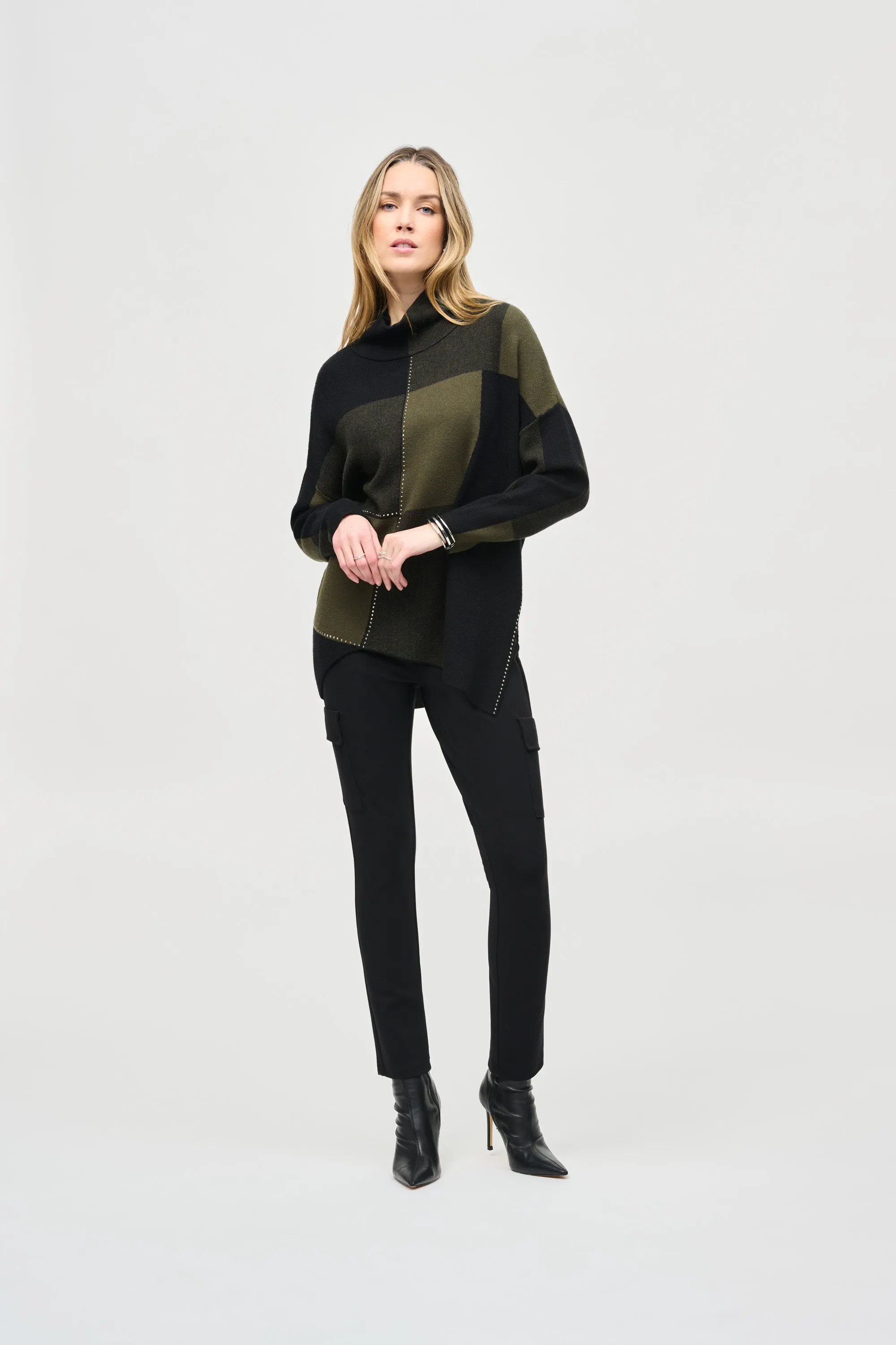 Color-Block Jacquard Knit Pullover, Iguana/Black