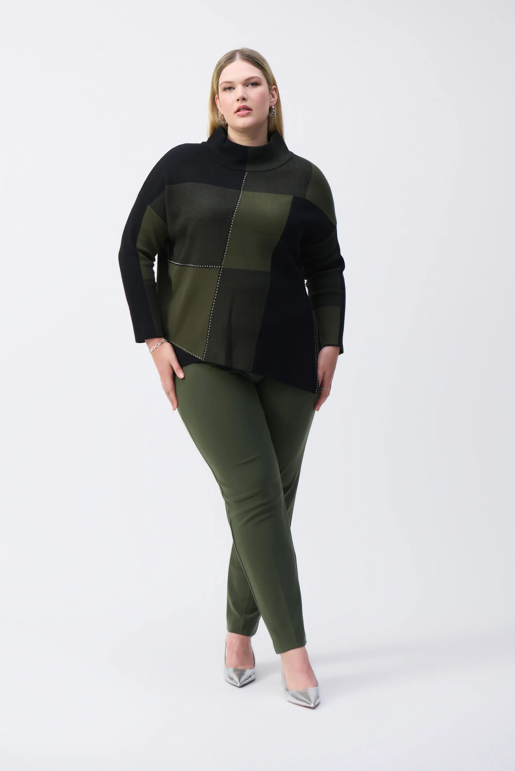 Color-Block Jacquard Knit Pullover, Iguana/Black