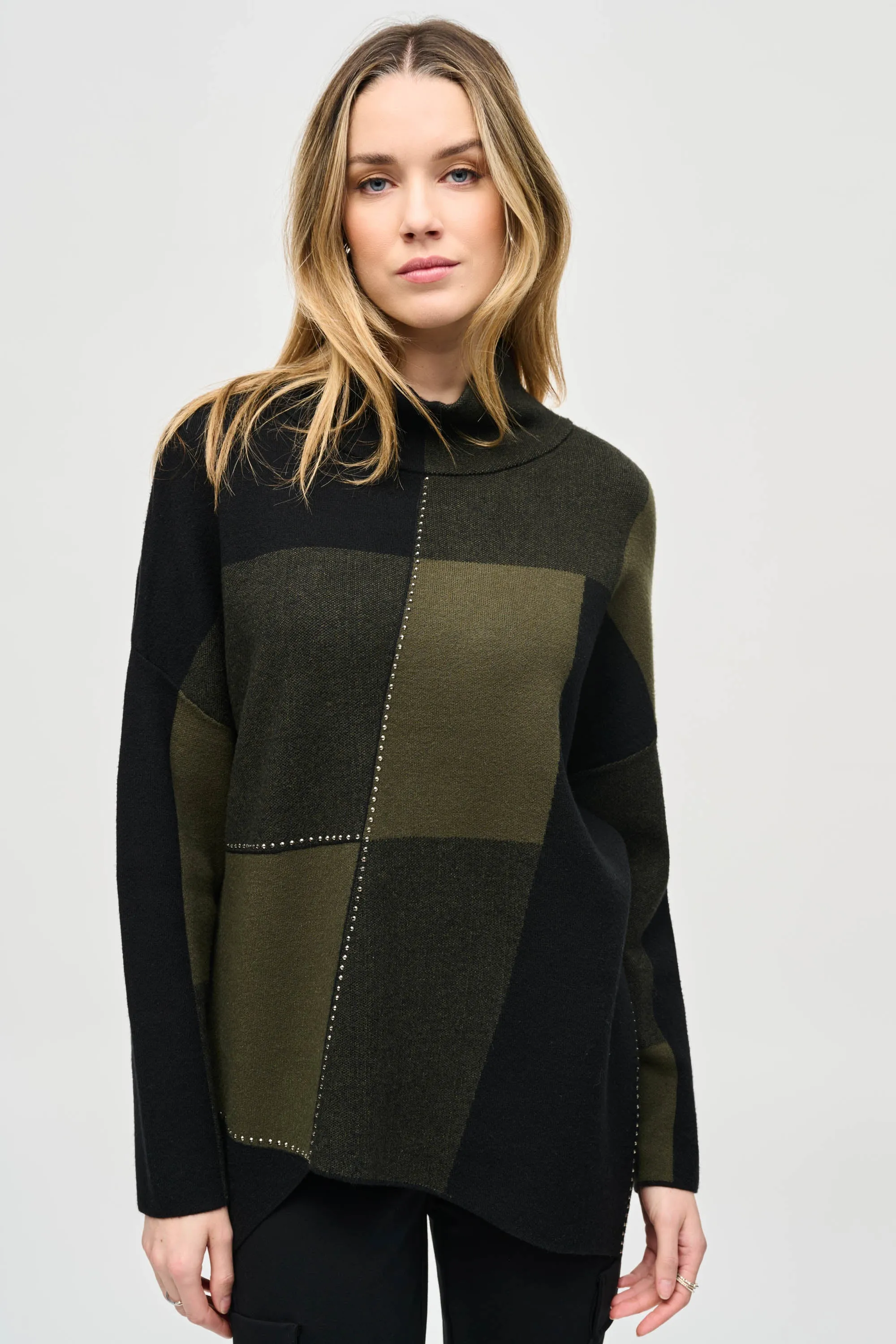 Color-Block Jacquard Knit Pullover, Iguana/Black