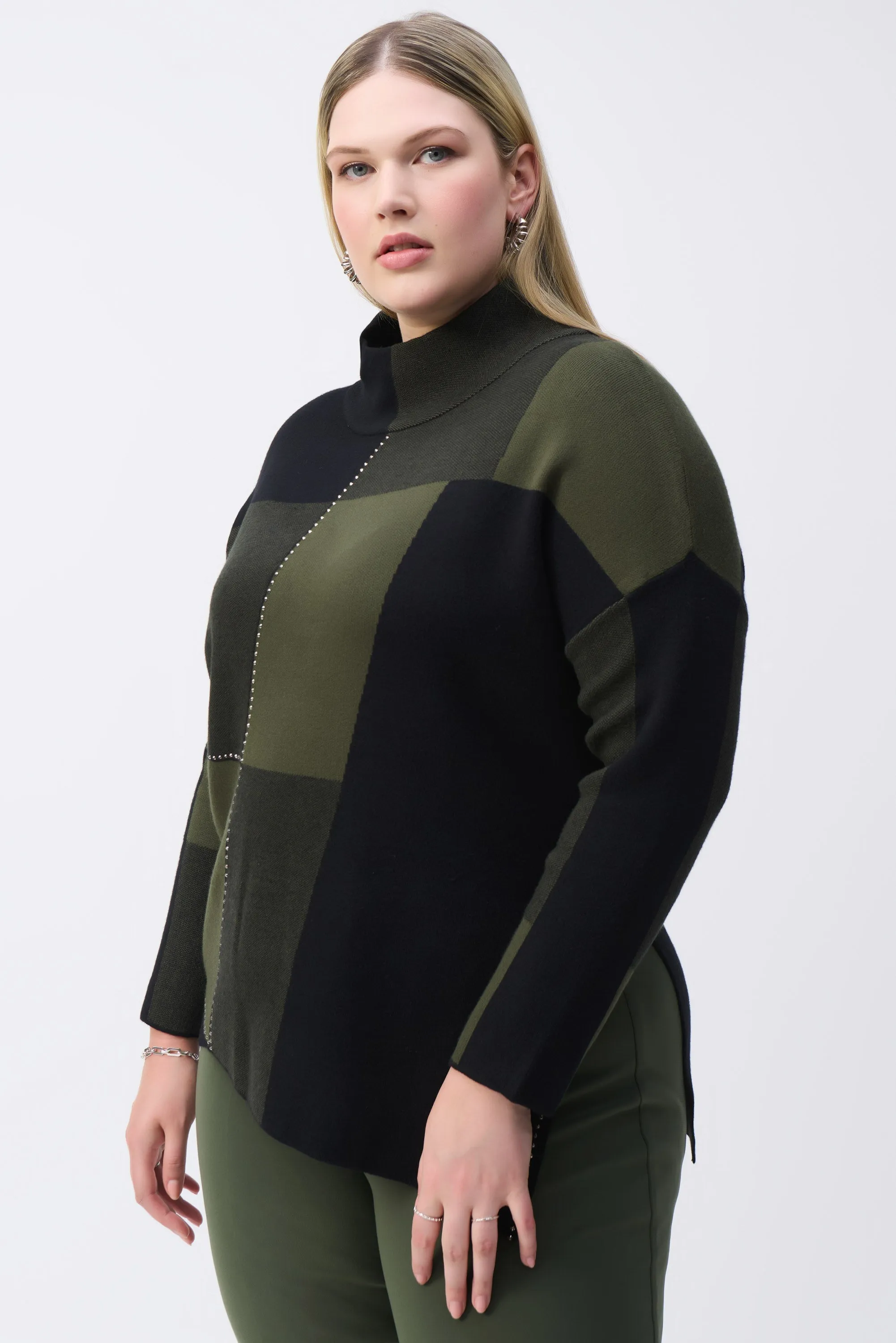 Color-Block Jacquard Knit Pullover, Iguana/Black