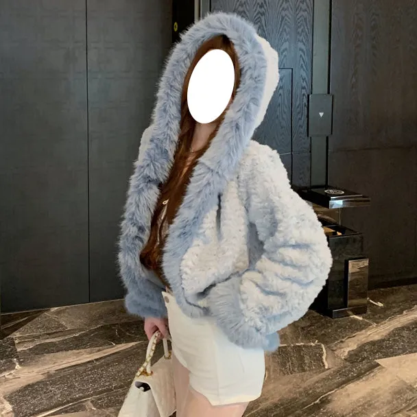 Contrast Color Stitching Long-Sleeved Top Hooded Fur Coat