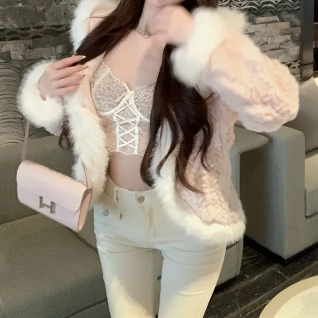 Contrast Color Stitching Long-Sleeved Top Hooded Fur Coat